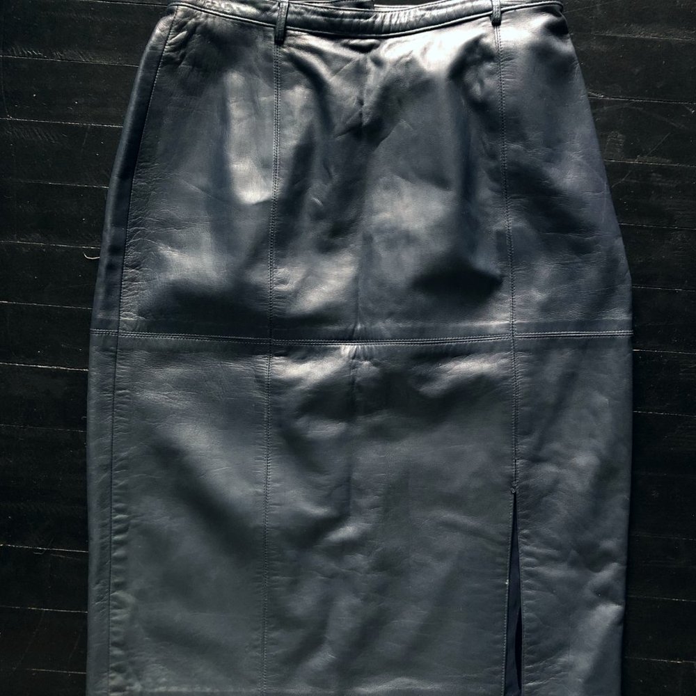 Oscar De La Renta Vintage Navy Leather Pencil Skirt Size 12